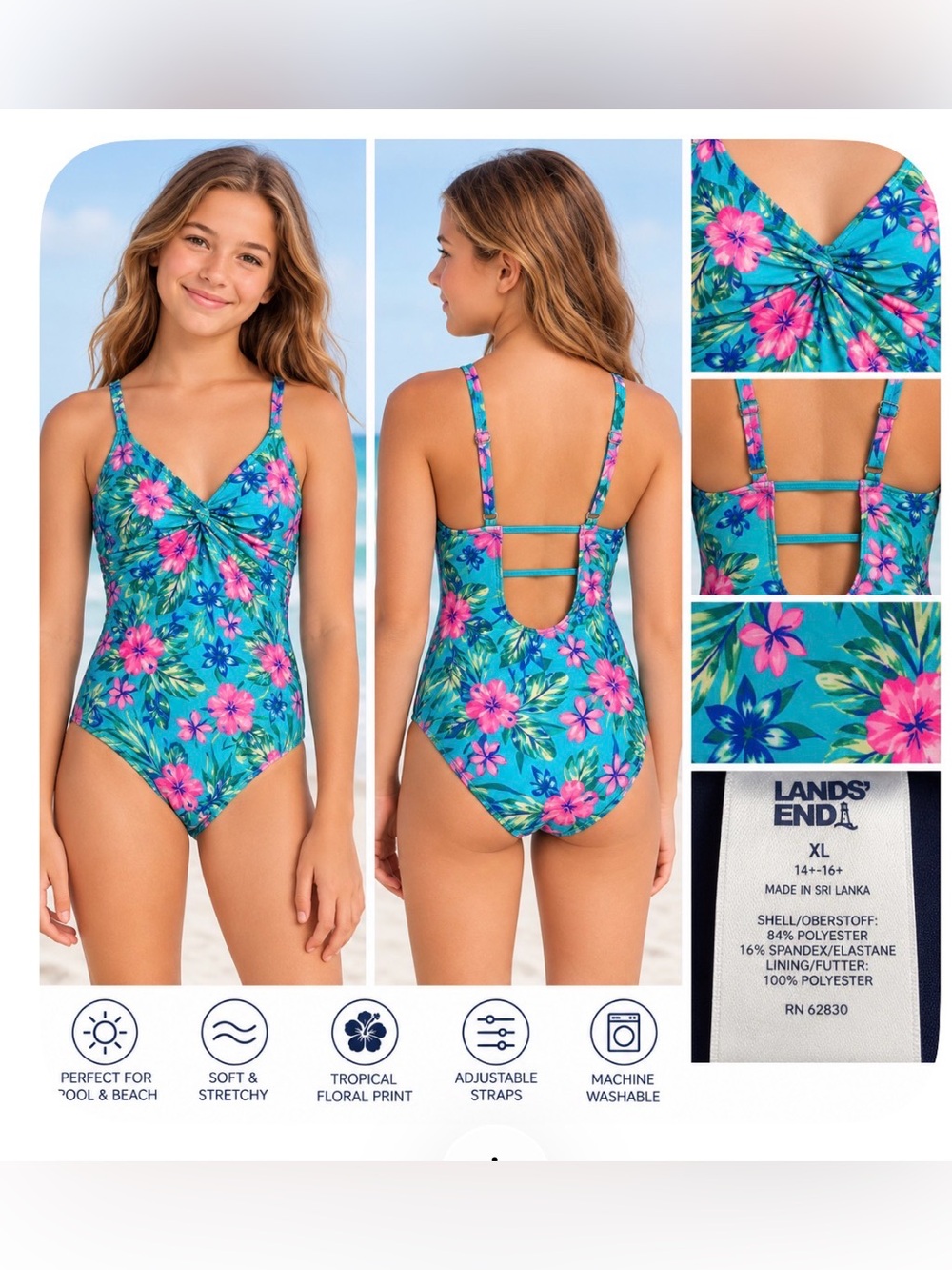 Lands’ End Girls XL 14-16 Turquoise Tropical Floral One Piece Swimsuit